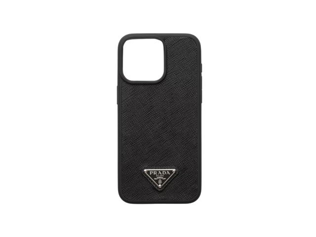 Prada Prada Saffiano Leather Cover For Iphone 15 Pro Max With SilverEnameled Metal Triangle Logo Black - view 1