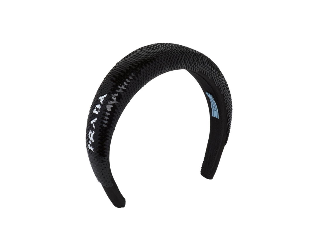 Prada Prada Sequin Headband With Embroidered Lettering Logo Black White