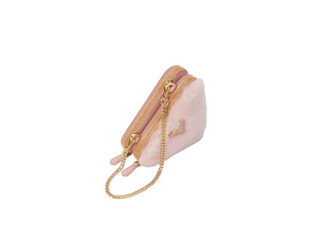 Prada Prada Shearling And Saffiano Leather Mini-Pouch With Enameled Metal Triangle Logo Orchid Pink - view 2