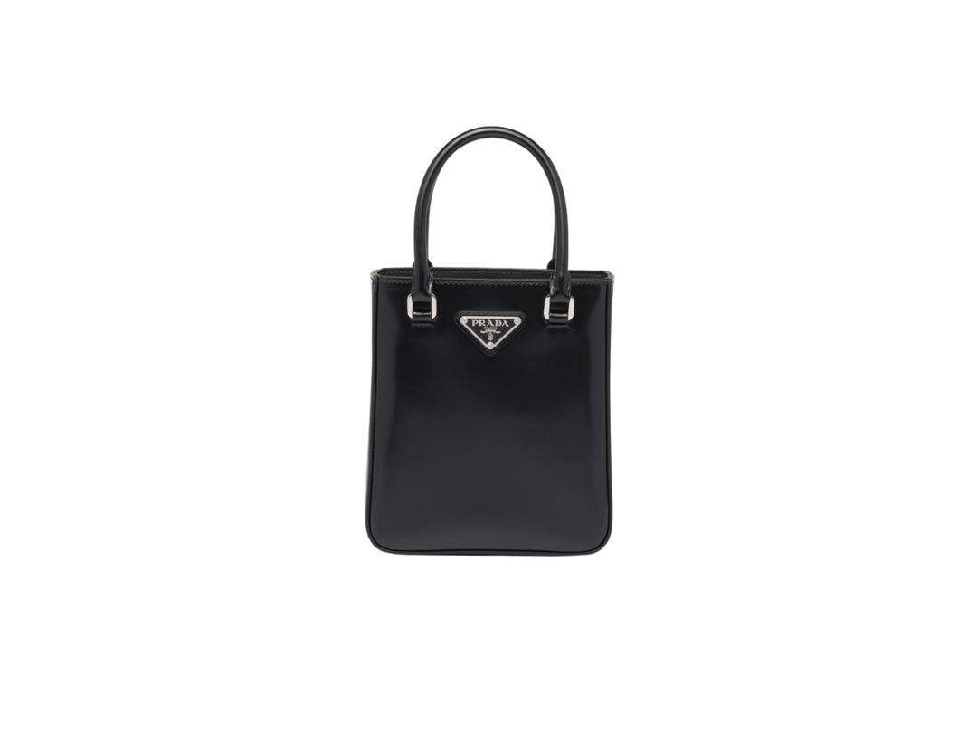 Prada Prada Small Brushed Leather Tote With Enameled Metal Triangle Logo And Metal Hardware Black