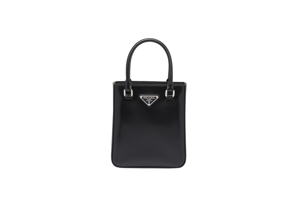 Prada Prada Small Brushed Leather Tote With Enameled Metal Triangle Logo And Metal Hardware Black
