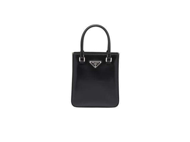 Prada Prada Small Brushed Leather Tote With Enameled Metal Triangle Logo And Metal Hardware Black - view 1