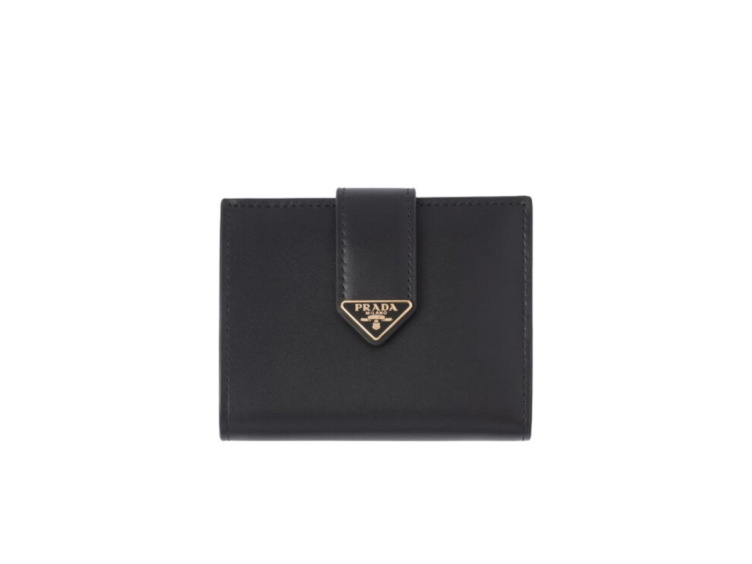 Prada Prada Small Leather Wallet With Enameled Metal Triangle Logo Three Card Slots Black