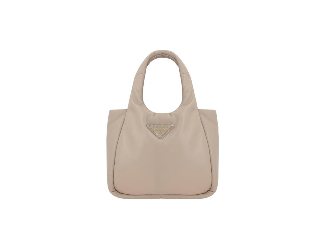 Prada Prada Small Padded Re-Nylon Tote Bag With Enameled Metal Triangle Logo And Metal Hardware Desert Beige