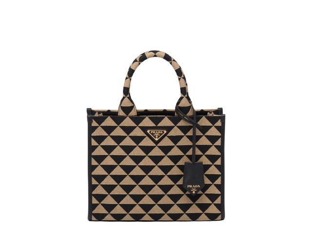 Prada Prada Small Prada Symbole Embroidered Fabric Handbag In Saffiano Leather With Metal Hardware Black-Beige - view 1