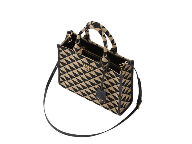 Prada Prada Small Prada Symbole Embroidered Fabric Handbag In Saffiano Leather With Metal Hardware Black-Beige - view 3