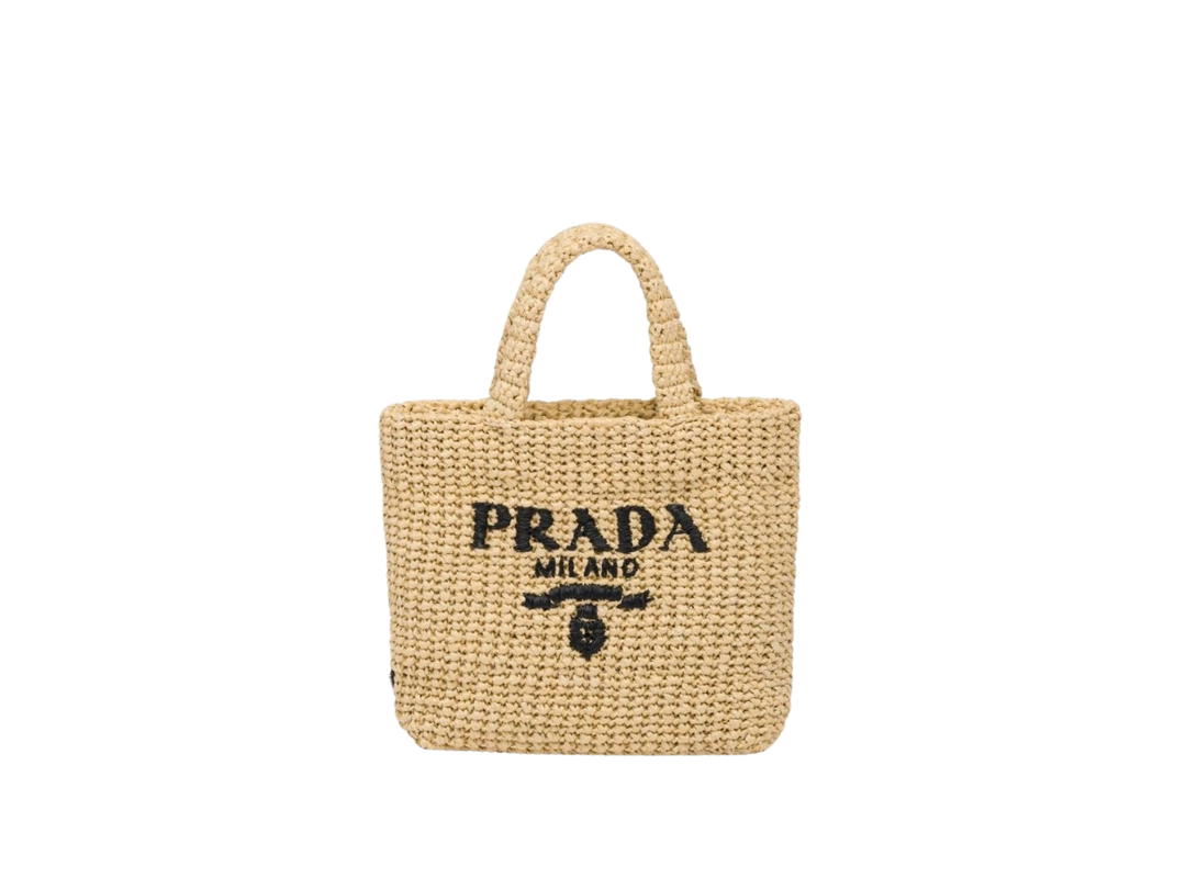 Prada Prada Small Raffia Tote Bag In Raffia-Effect With Embroidered Lettering Logo Tan
