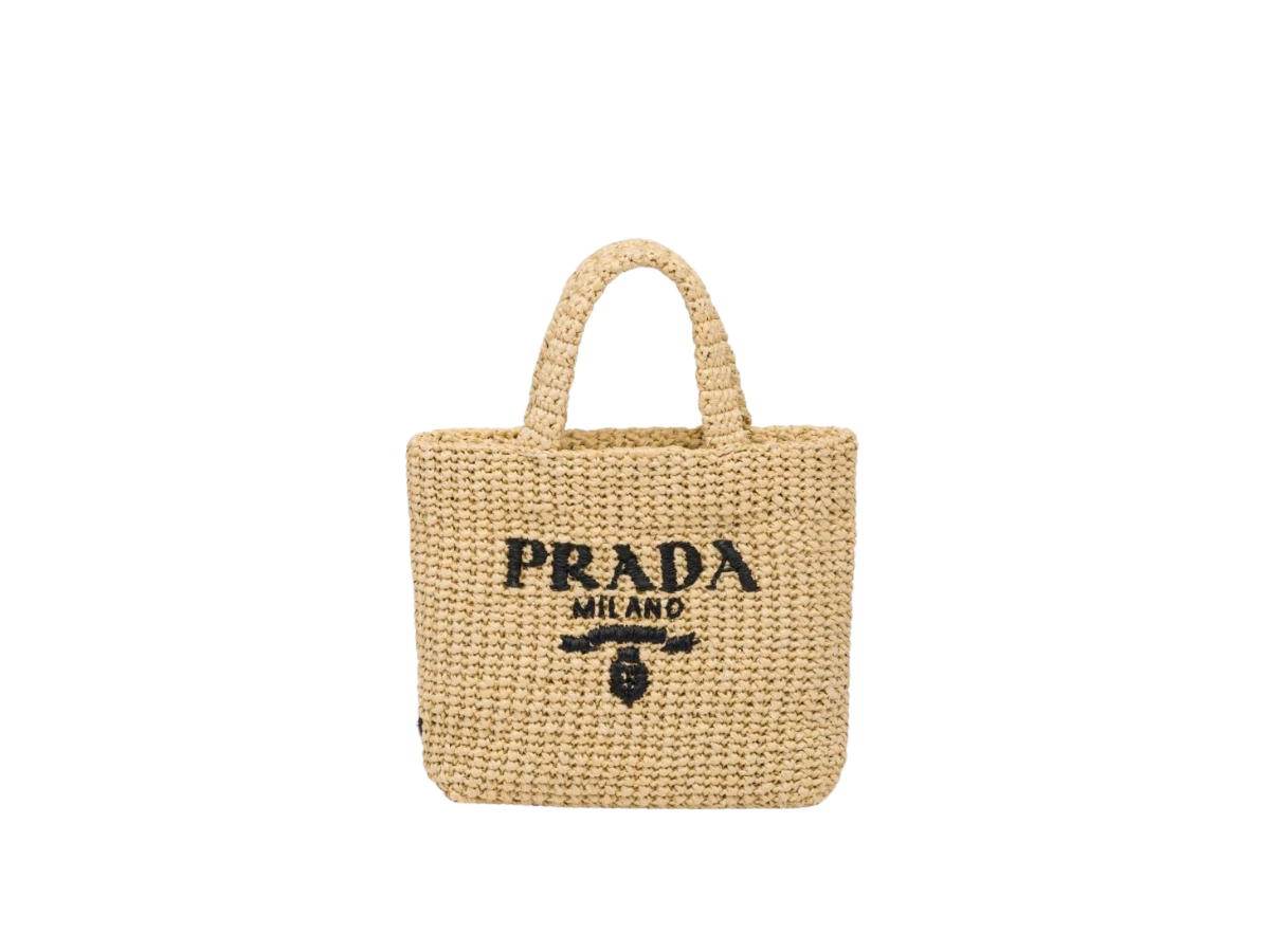 Prada Prada Small Raffia Tote Bag In Raffia-Effect With Embroidered Lettering Logo Tan