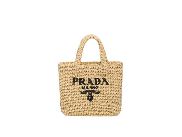 Prada Prada Small Raffia Tote Bag In Raffia-Effect With Embroidered Lettering Logo Tan - view 1