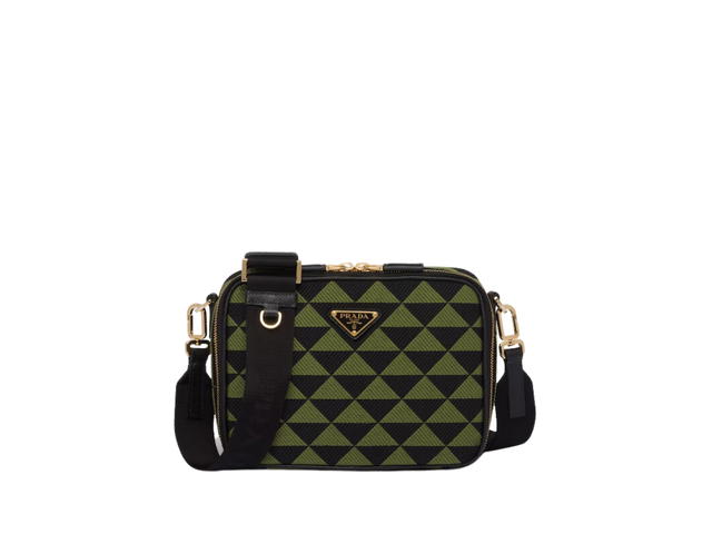 Prada Prada Symbole Embroidered Fabric Bag In Leather-Fabric With Enameled Metal Triangle Logo-Hardware Black-Ivy Green - view 1