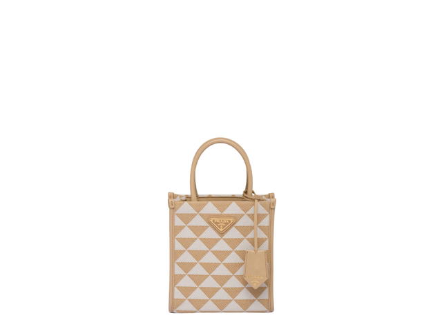 Prada Prada Symbole Embroidered Fabric Mini Bag In Saffiano Leather With Gold Metal Hardware Beige Chalk White - view 1