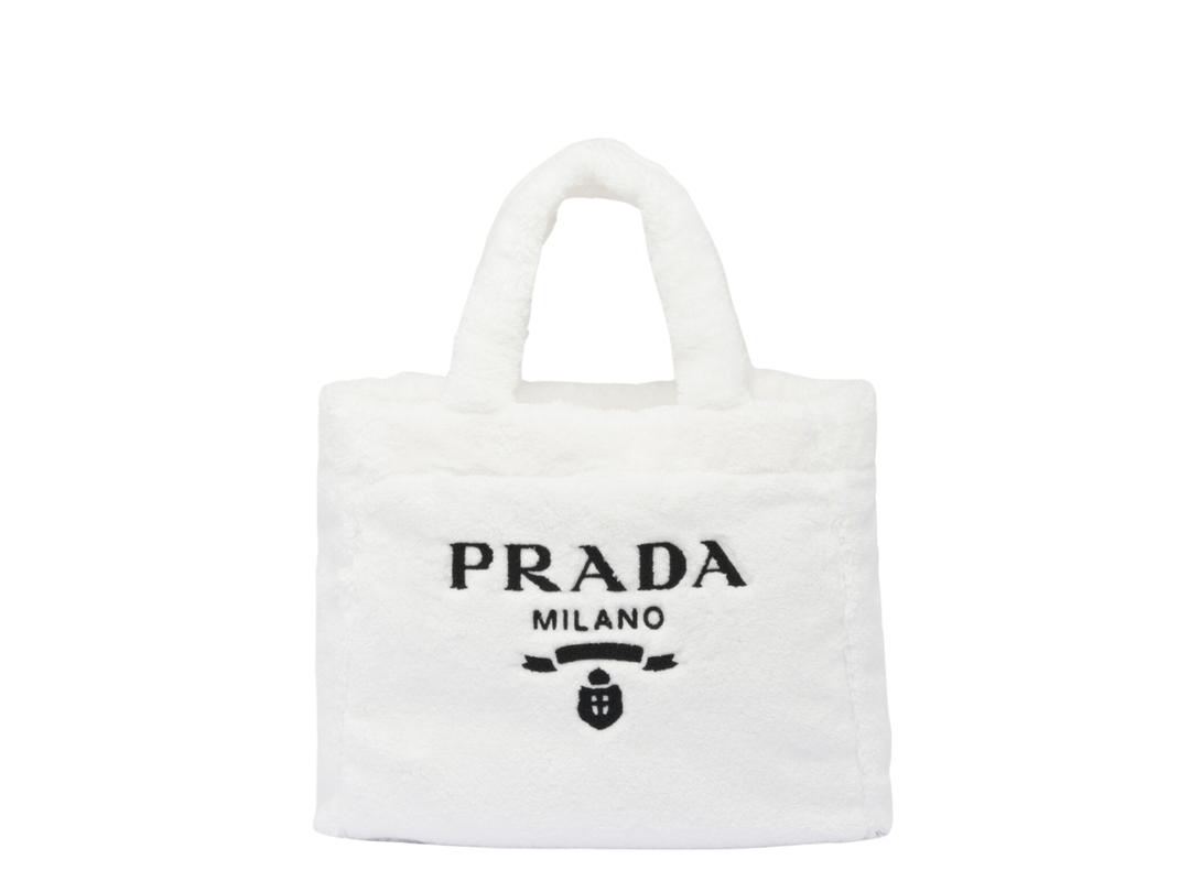 Prada Prada Terry Tote Bag In Re-Nylon Logo-Print Lining With Zipper Pocket White-Black