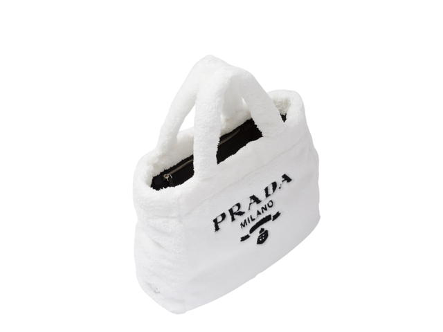 Prada Prada Terry Tote Bag In Re-Nylon Logo-Print Lining With Zipper Pocket White-Black - view 3