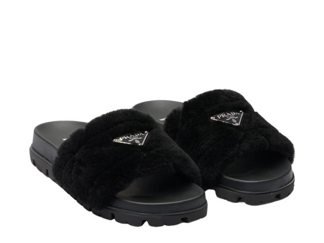 Prada Prada Triangle-Logo Shearling Slides Black - view 2