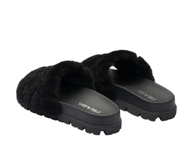 Prada Prada Triangle-Logo Shearling Slides Black - view 3