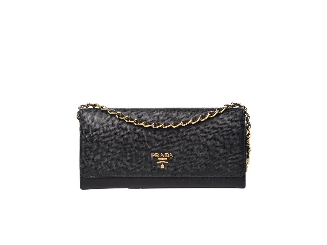 Prada Prada Wallet On Chain In Saffiano Leather With Gold Metal Hardware Black