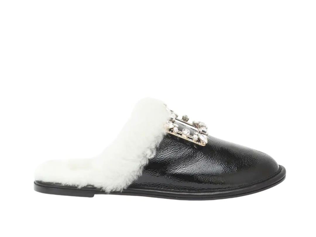 Roger Vivier Roger Vivier Hotel Vivier Shearling Trimmed Leather Slippers Black