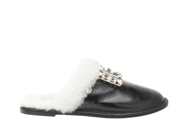Roger Vivier Roger Vivier Hotel Vivier Shearling Trimmed Leather Slippers Black - view 1