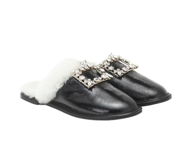 Roger Vivier Roger Vivier Hotel Vivier Shearling Trimmed Leather Slippers Black - view 3