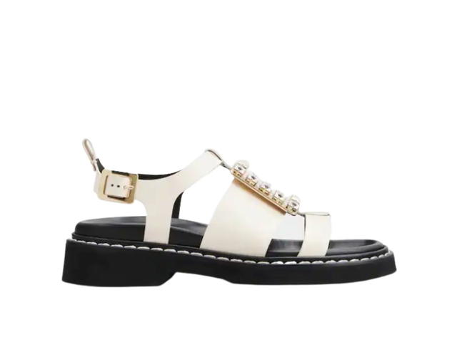 Roger Vivier Roger Vivier Viv' Rangers Strass Buckle Sandals in Leather Off White - view 1