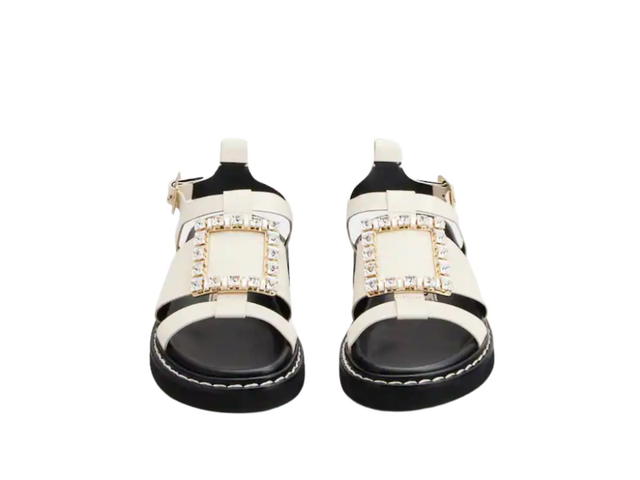 Roger Vivier Roger Vivier Viv' Rangers Strass Buckle Sandals in Leather Off White - view 2