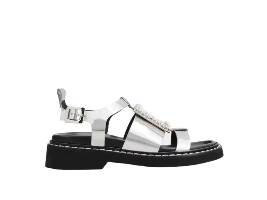 Roger Vivier Roger Vivier Viv' Rangers Strass Buckle Sandals in Leather Silver