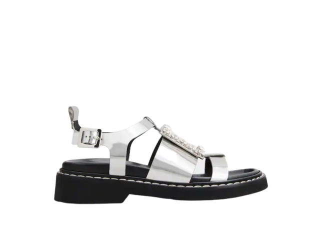 Roger Vivier Roger Vivier Viv' Rangers Strass Buckle Sandals in Leather Silver - view 1