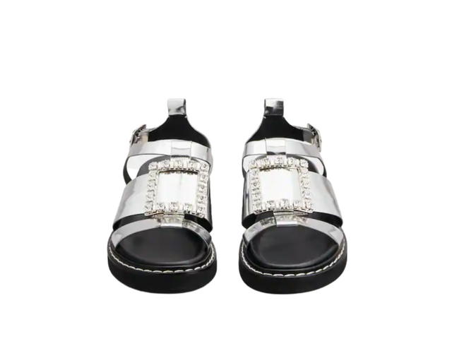 Roger Vivier Roger Vivier Viv' Rangers Strass Buckle Sandals in Leather Silver - view 2