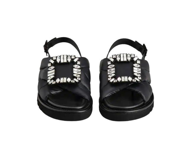 Roger Vivier Roger Vivier Viv' Winter Puffy Strass Buckle Sandals in Fabric Black - view 2