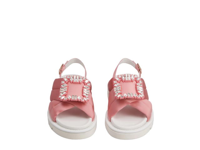 Roger Vivier Roger Vivier Viv' Winter Puffy Strass Buckle Sandals in Satin Light Pink - view 2