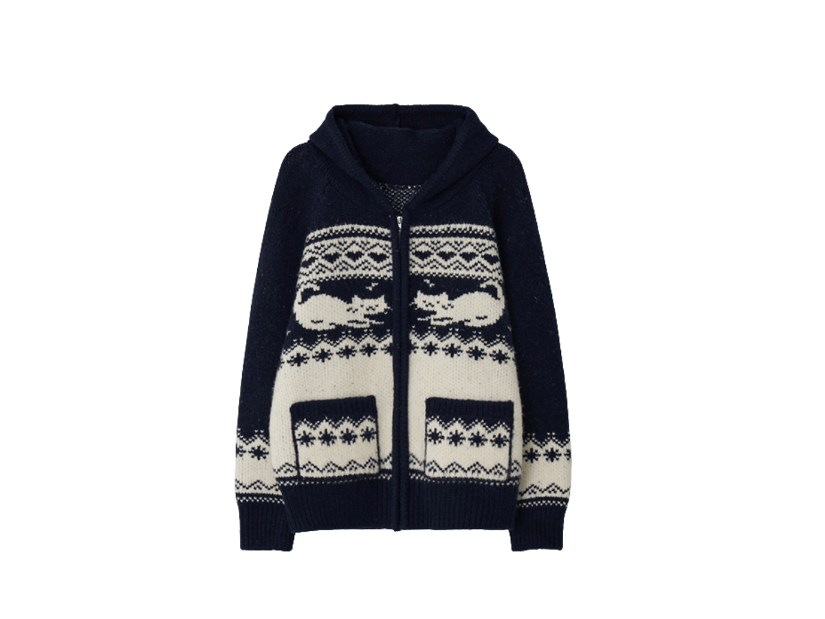 Ronron Ronron Cat Jacquard Hood Zip Up Knit Navy