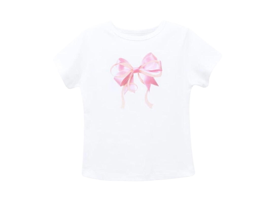 Ronron Ronron Double Ribbon Slim Crop T-Shirt White-Pink