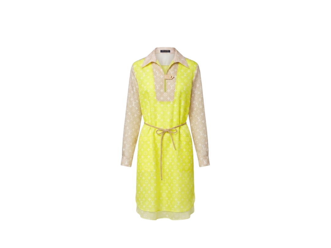 Louis Vuitton Louis Vuitton Monogram Silk Long Sleeve Dress Yellow Beige Pink