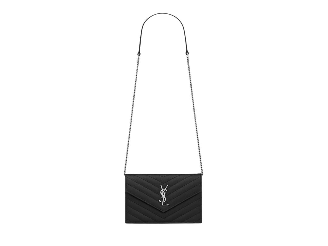 Saint Laurent Saint Laurent Cassandre Envelope Chain Wallet In Grain De Poudre Leather With Silver-Toned Brass Hardware Noir