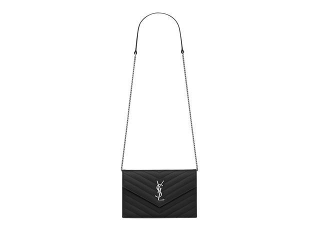 Saint Laurent Saint Laurent Cassandre Envelope Chain Wallet In Grain De Poudre Leather With Silver-Toned Brass Hardware Noir - view 1