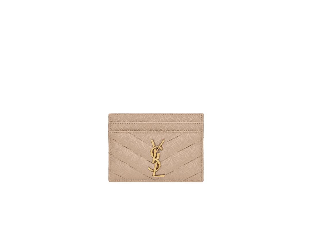 Saint Laurent Saint Laurent Cassandre Matelassé Card Case In Grain De Poudre Embossed Leather With Gold-Tone Metal Hardware Dark Beige