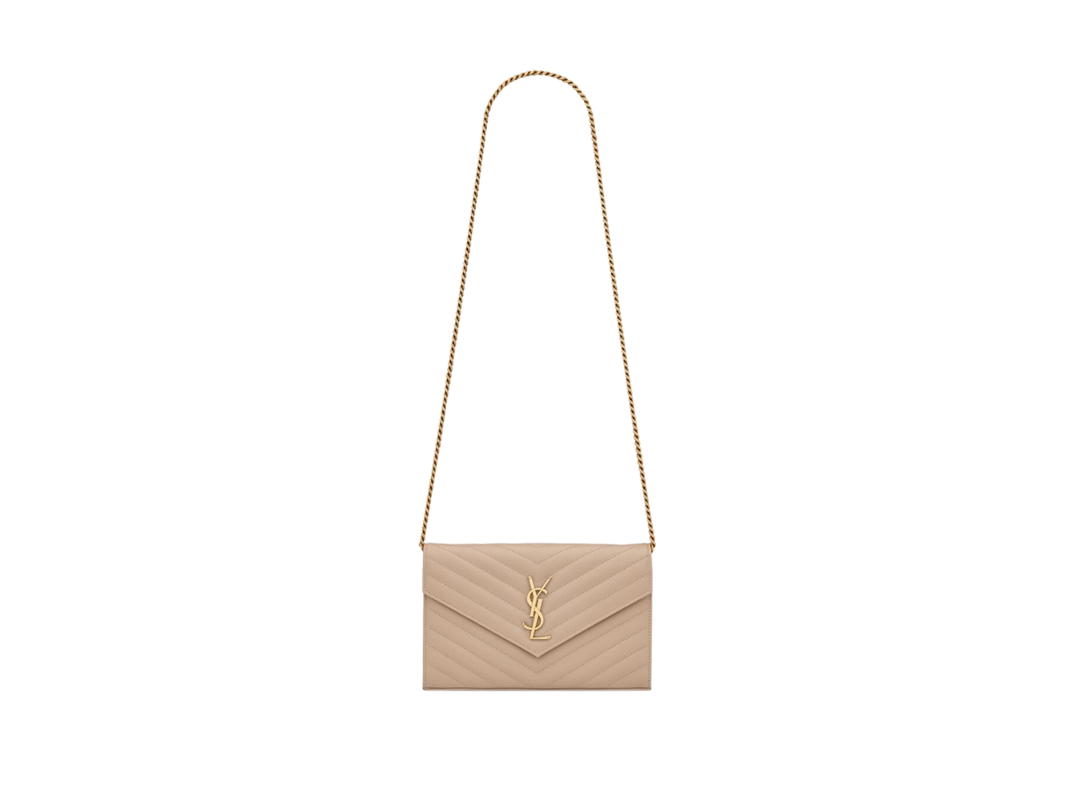 Saint Laurent Saint Laurent Cassandre Matelassé Chain Wallet In Grain De Poudre Embossed Leather With Gold-Toned Metal Hardware Dark Beige