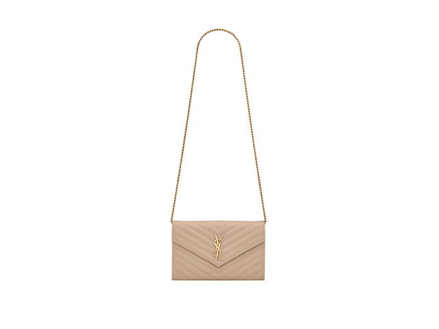 Saint Laurent Saint Laurent Cassandre Matelassé Chain Wallet In Grain De Poudre Embossed Leather With Gold-Toned Metal Hardware Dark Beige - view 1
