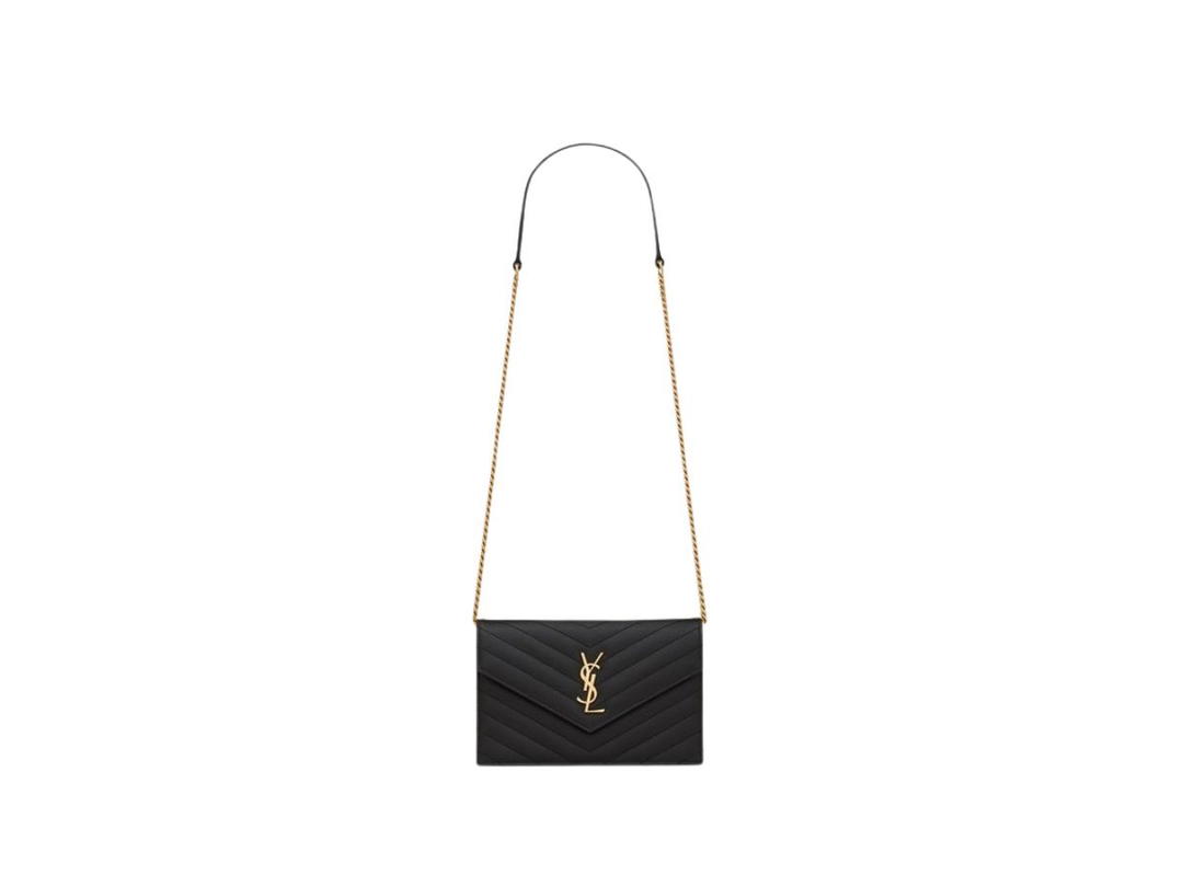 Saint Laurent Saint Laurent Cassandre Matelassé Envelope Chain Wallet In Grain De Poudre Embossed Leather With Gold-Toned Metal Hardware Black (7.5")