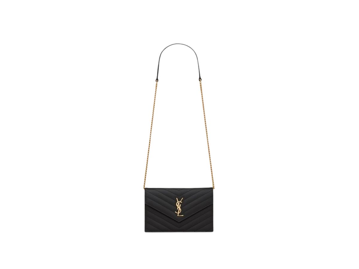 Saint Laurent Saint Laurent Cassandre Matelassé Envelope Chain Wallet In Grain De Poudre Embossed Leather With Gold-Toned Metal Hardware Black (7.5")