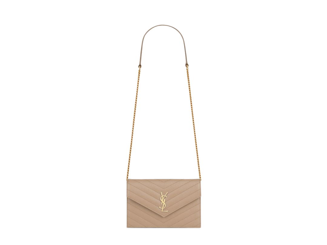 Saint Laurent Saint Laurent Cassandre Matelassé Envelope Chain Wallet In Grain De Poudre Embossed Leather With Gold-Toned Metal Hardware Dark Beige