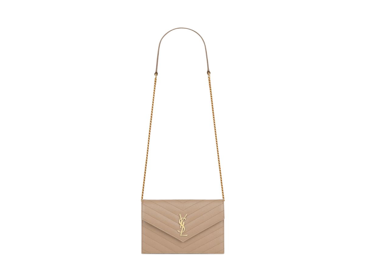 Saint Laurent Saint Laurent Cassandre Matelassé Envelope Chain Wallet In Grain De Poudre Embossed Leather With Gold-Toned Metal Hardware Dark Beige