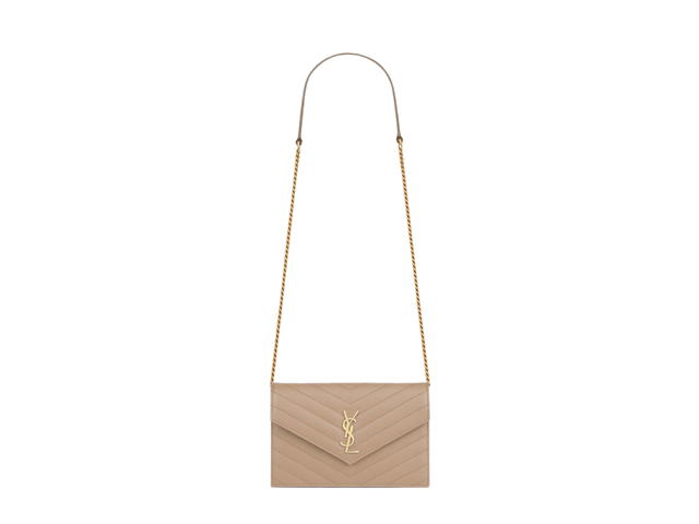Saint Laurent Saint Laurent Cassandre Matelassé Envelope Chain Wallet In Grain De Poudre Embossed Leather With Gold-Toned Metal Hardware Dark Beige - view 1