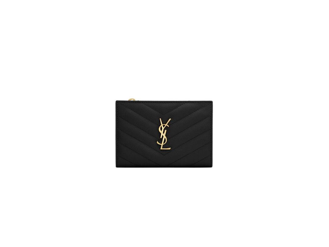 Saint Laurent Saint Laurent Cassandre Matelassé Fragments Zipped Bi-Fold Wallet In Grain De Poudre Embossed Leather With Gold-Toned Metal Hardware Black