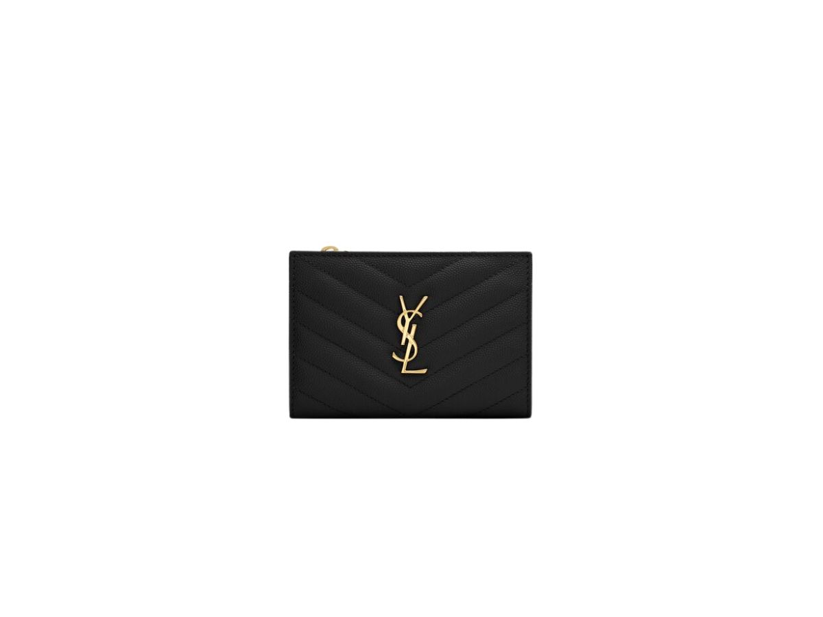 Saint Laurent Saint Laurent Cassandre Matelassé Fragments Zipped Bi-Fold Wallet In Grain De Poudre Embossed Leather With Gold-Toned Metal Hardware Black