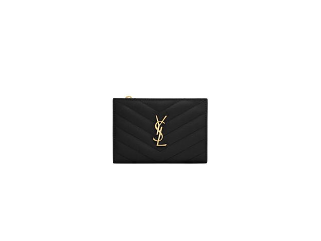 Saint Laurent Saint Laurent Cassandre Matelassé Fragments Zipped Bi-Fold Wallet In Grain De Poudre Embossed Leather With Gold-Toned Metal Hardware Black - view 1