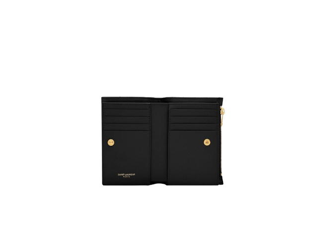 Saint Laurent Saint Laurent Cassandre Matelassé Fragments Zipped Bi-Fold Wallet In Grain De Poudre Embossed Leather With Gold-Toned Metal Hardware Black - view 4