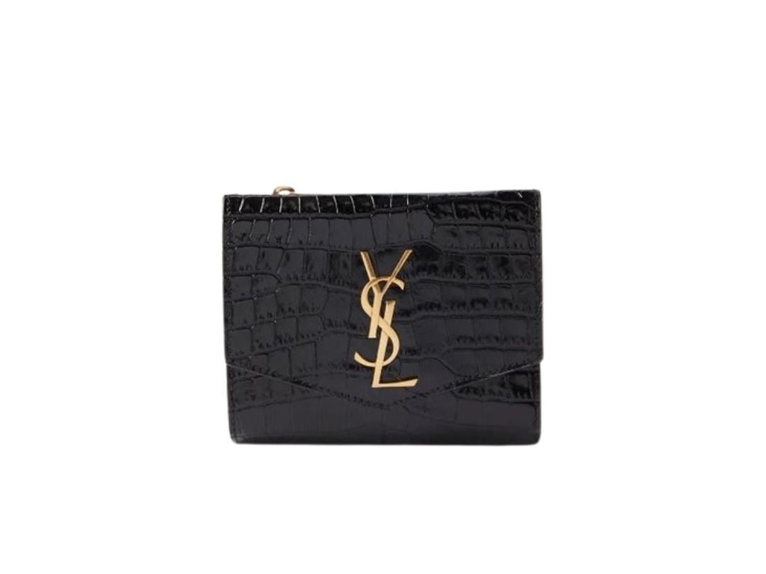 Saint Laurent Saint Laurent Cassandre Matelassé Small Envelope Wallet In Croc-Embossed Leather With Gold-Toned Metal Hardware Noir