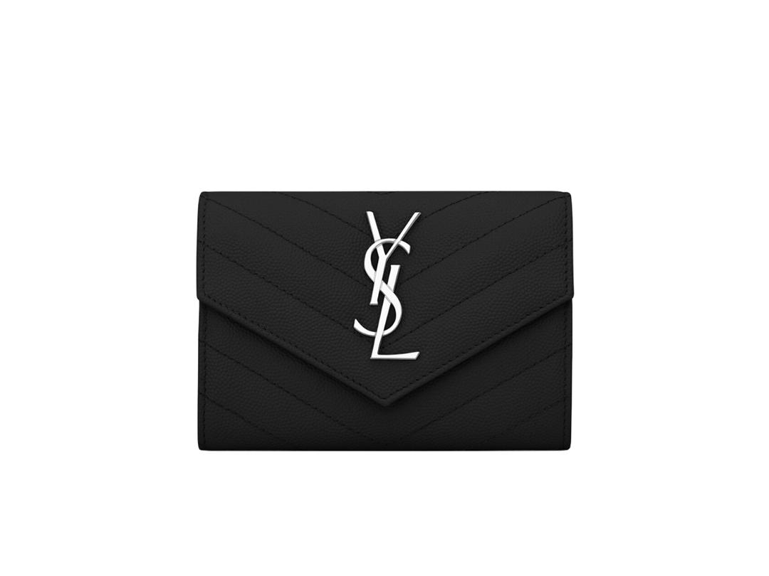 Saint Laurent Saint Laurent Cassandre Matelassé Small Envelope Wallet In Grain De Poudre Embossed Leather With Silver-Toned Metal Hardware Noir