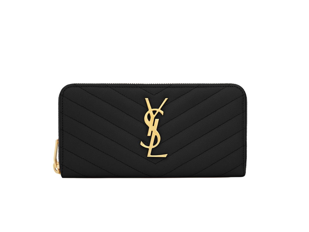 Saint Laurent Saint Laurent Cassandre Matelassé Zip Around Wallet In Grain De Poudre Embossed Leather With Gold-Toned Metal Hardware Black